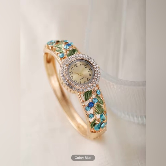 Floral Gold-Tone Bangle Quartz Watch with Rhinestones - Picture 3 of 3